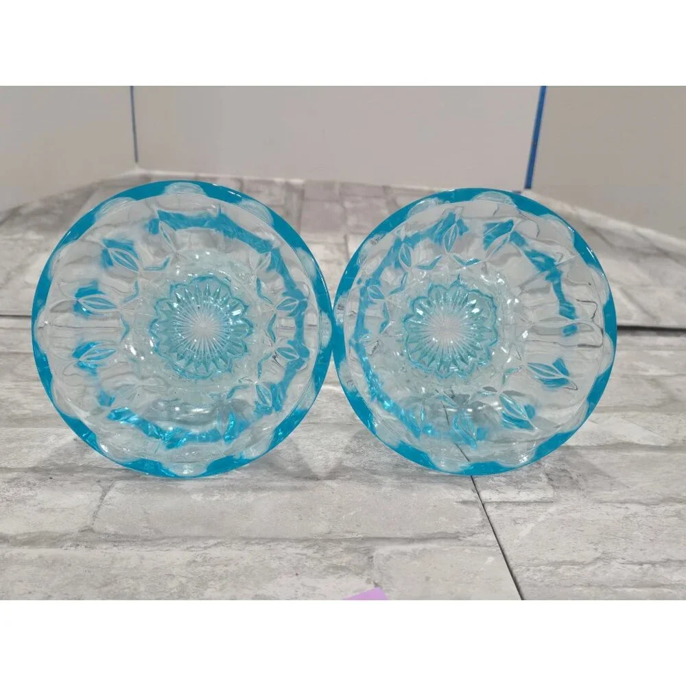 Vintage Lot of 2 Matching Aqua/Turquoise Blue Glass Thumbprint Pedestal Bowl Thu